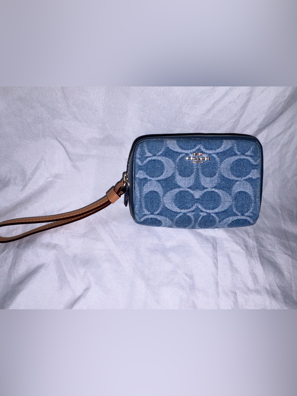 Coach Blue Signature Denim Wristlet with Brown Leather Strap